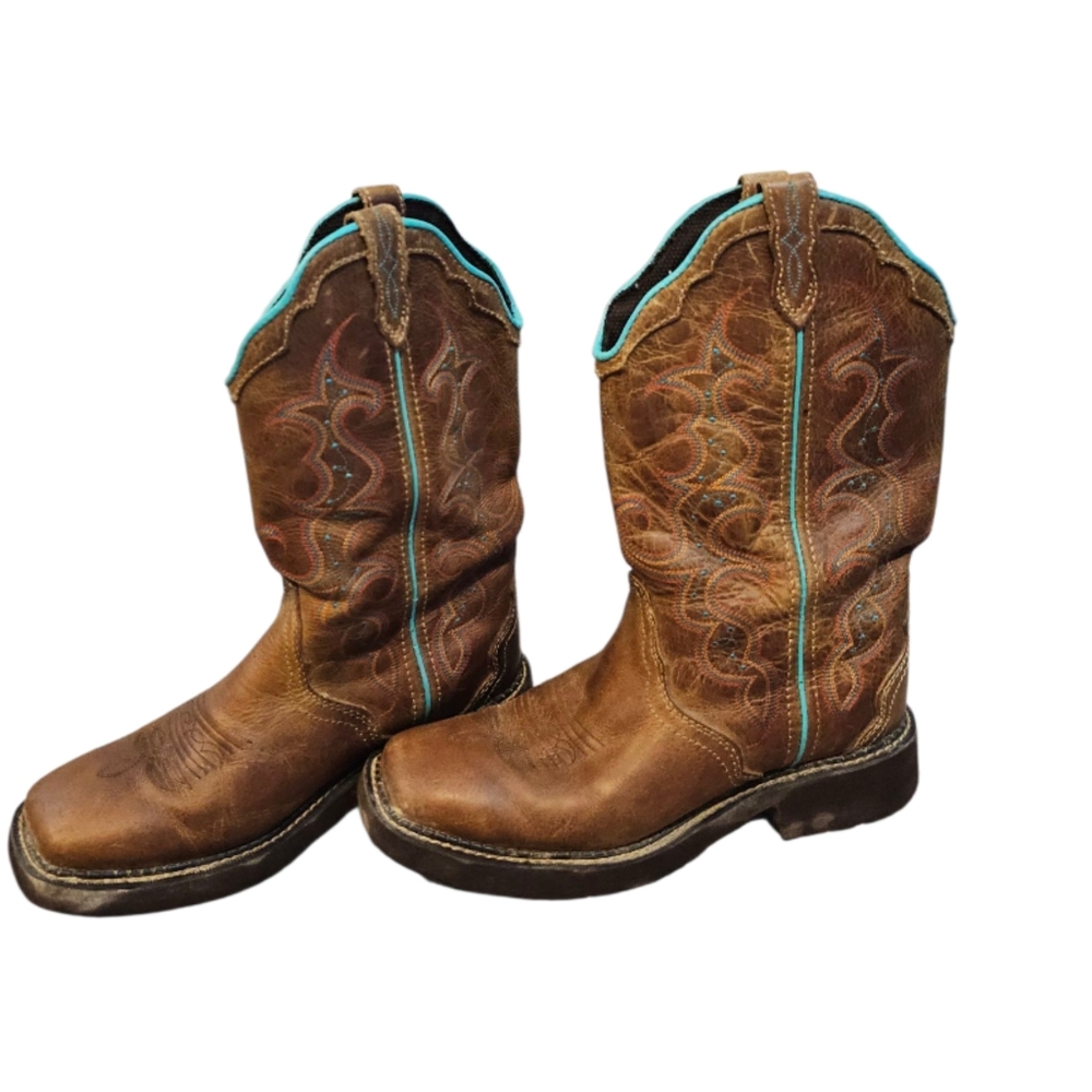 Justin Size 8 1/2 Western Cowboy Boots with Turquoise Accents Square Toe Raya - Picture 2 of 8